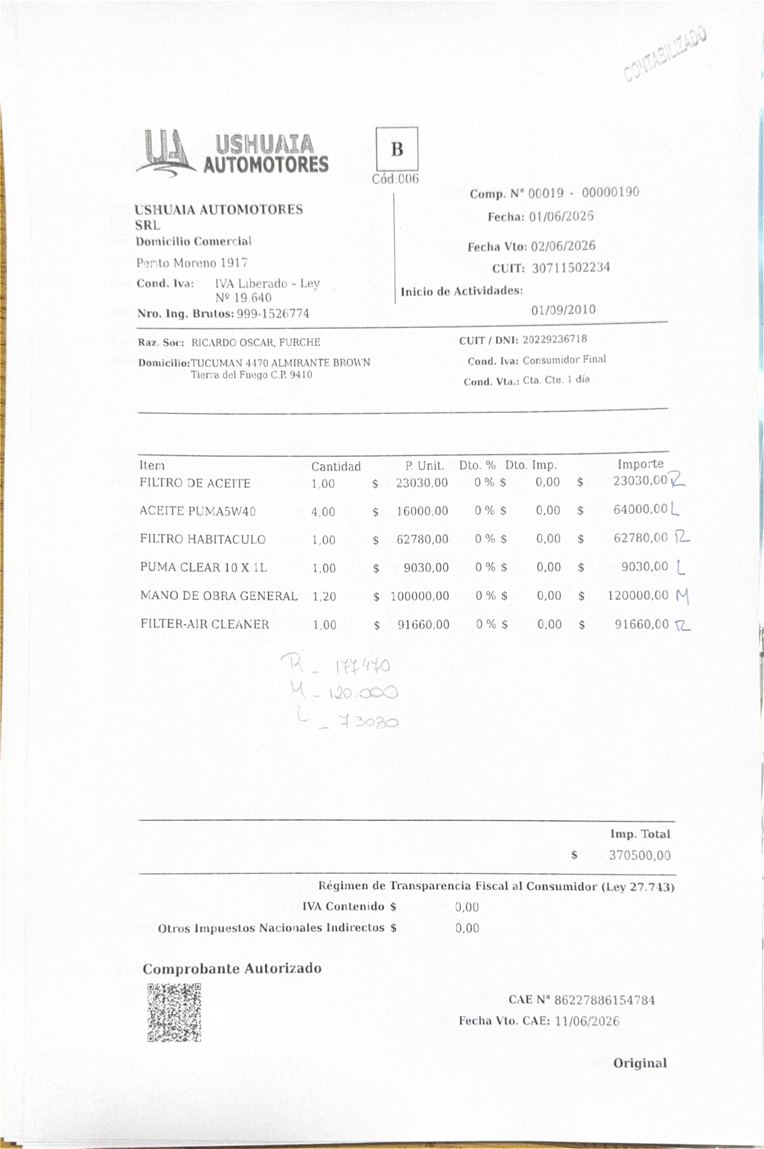 Comprobante original: Factura de taller 00019-00000190